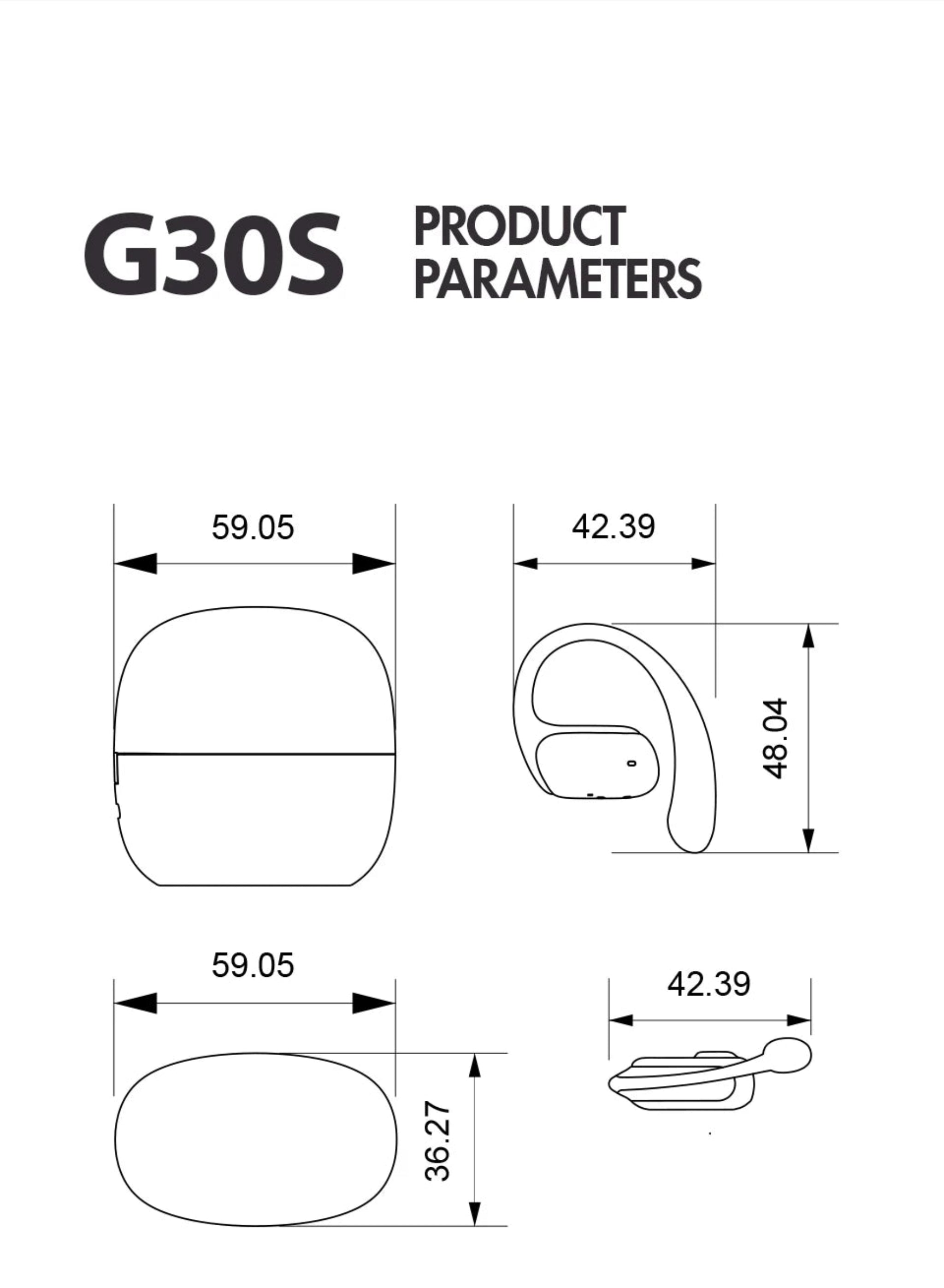 Product parameters of G30S with dimensions on a white background