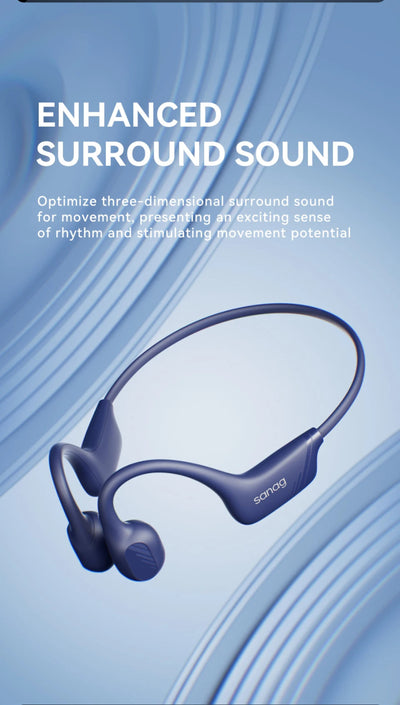 Blue wireless earbuds on a light blue background with text for enhanced surround sound.