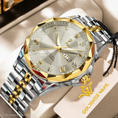 A luxury two-tone stainless steel and gold watch with a silver dial, presented on a beige leather surface with a Goldener Wahl brand tag.