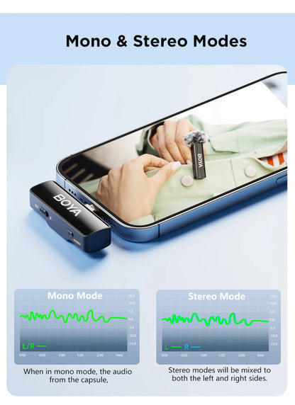 Phone displaying a video call with a Bova device, showing mono and stereo modes.
