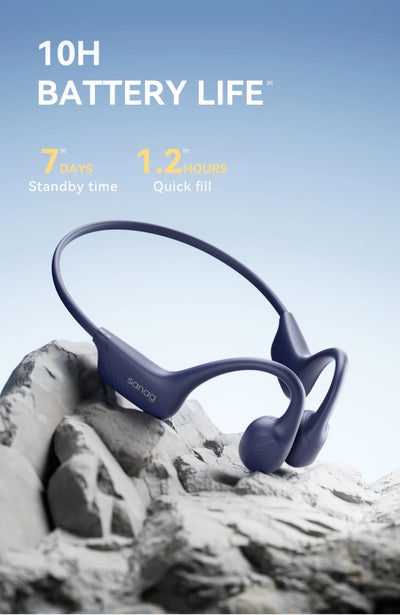 Blue wireless earbuds on a rock with battery life text.