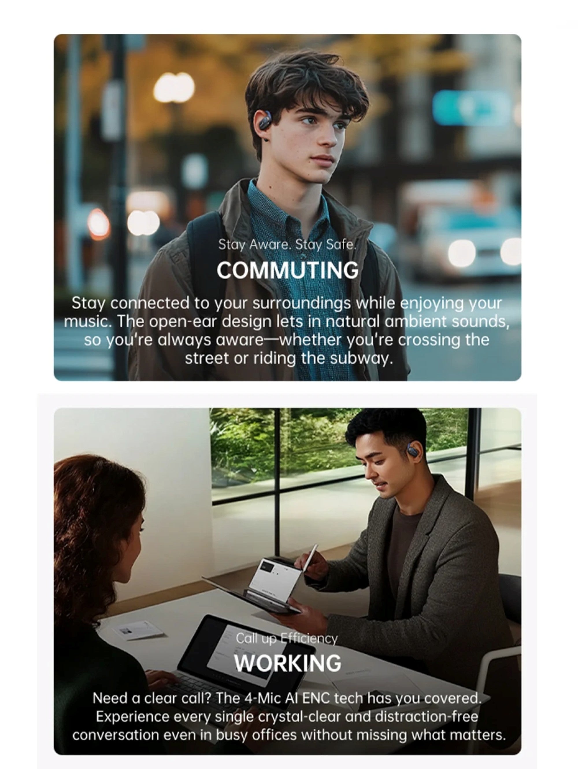Two scenes showing a person commuting and working with text about earbud features.