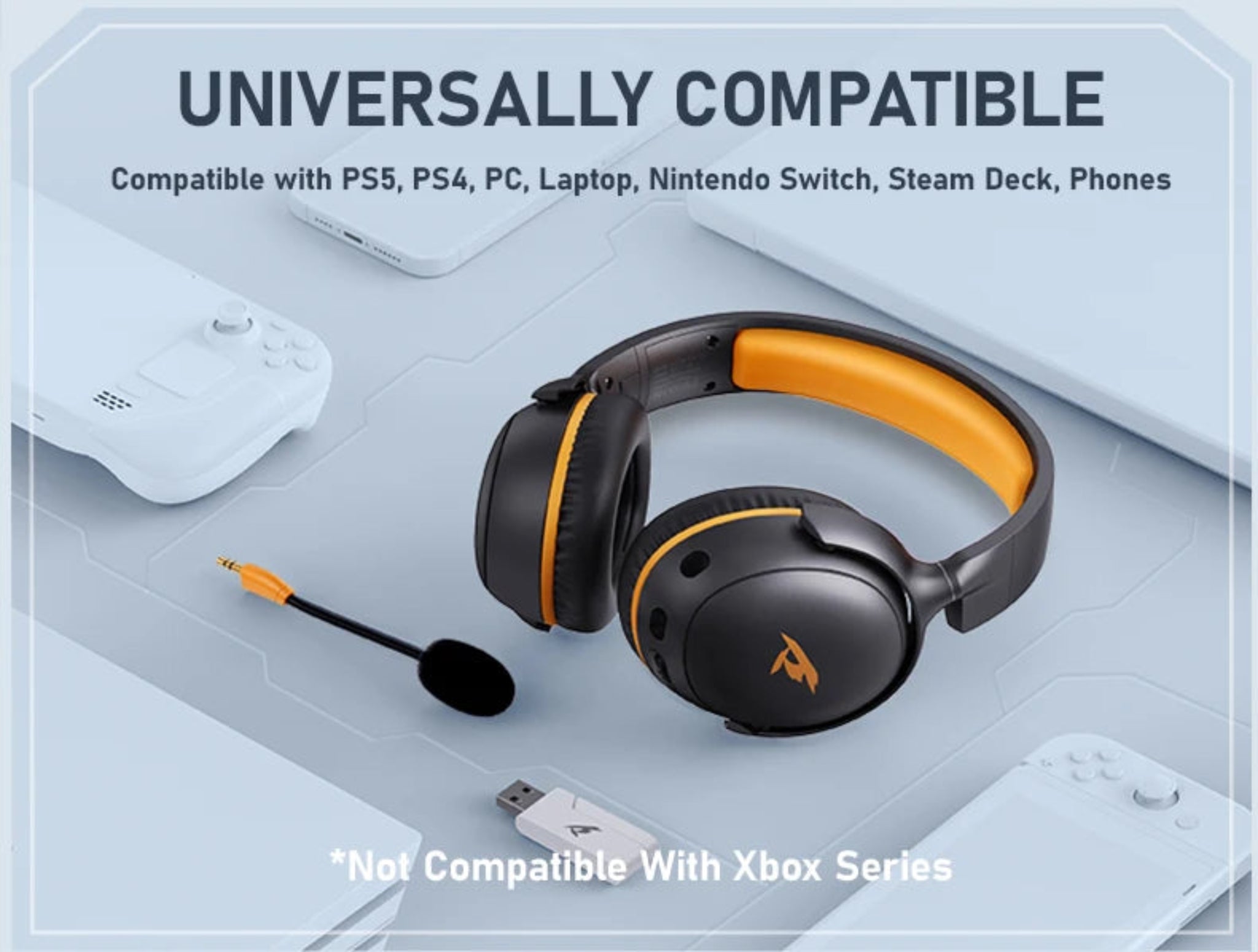 Black and orange gaming headset with compatibility text on a light gray background