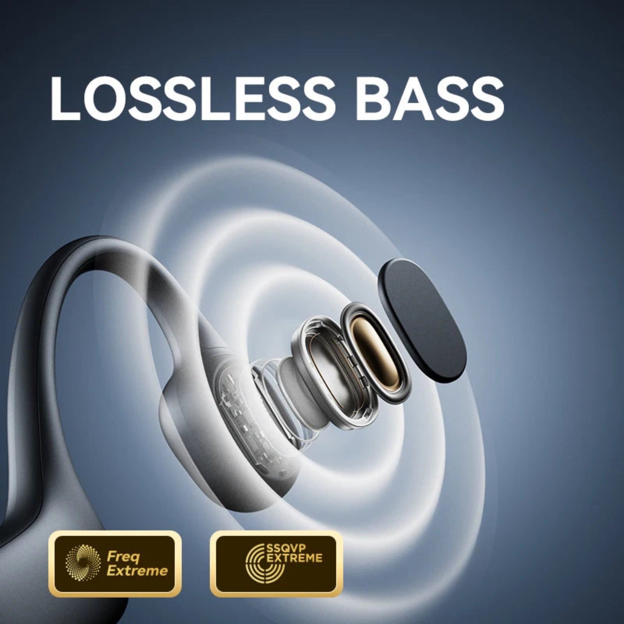 Earbuds with bass wave illustration and certification badges on a dark background