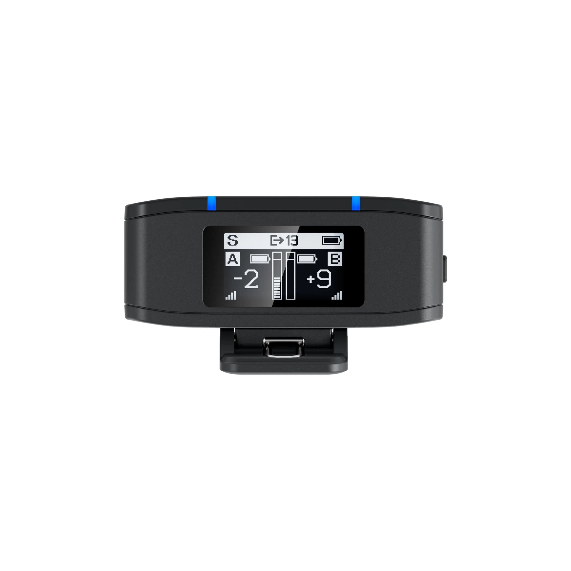 Black electronic device with digital display on a white background