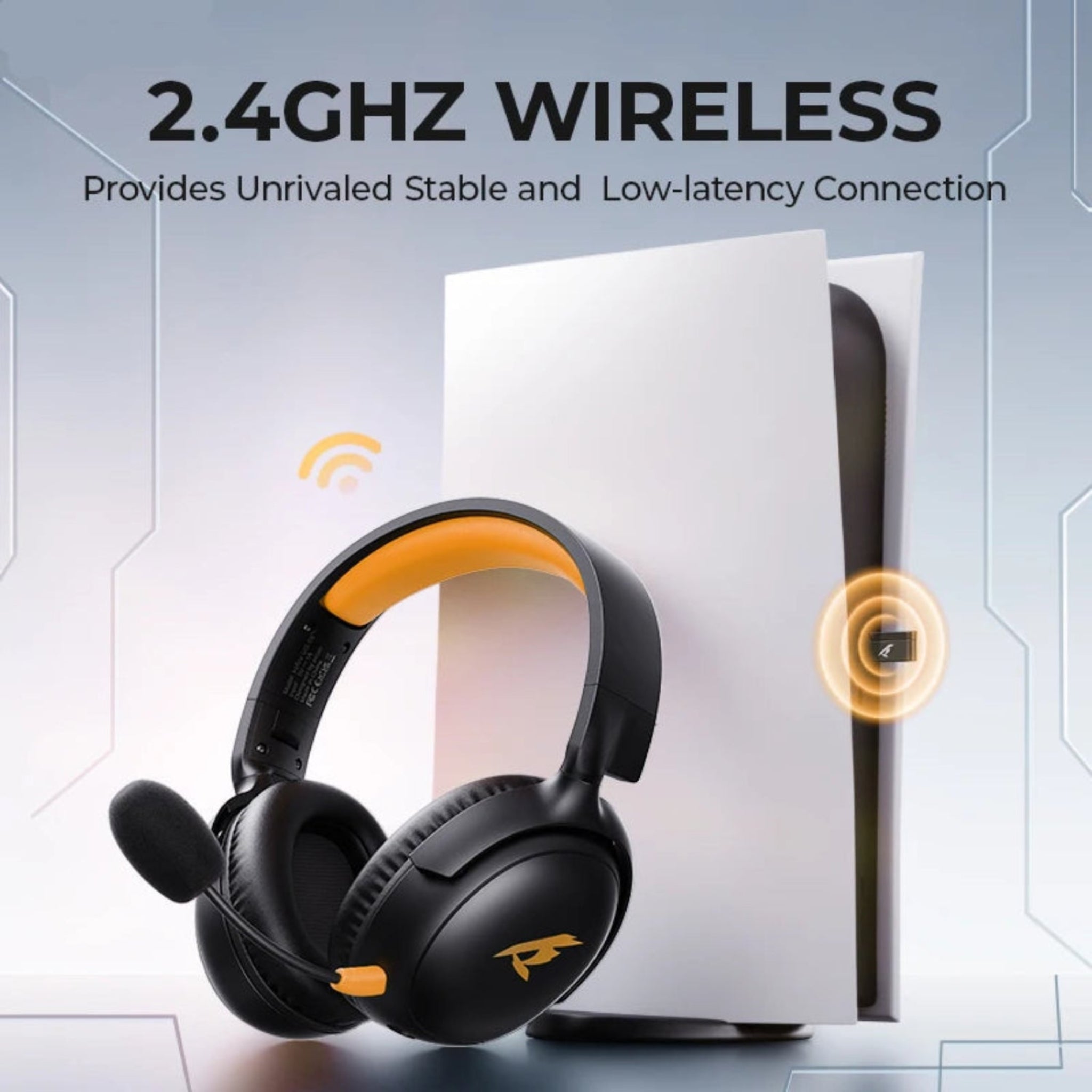 Black and orange wireless headphones with a router in the background, emphasizing 2.4GHz wireless connection.