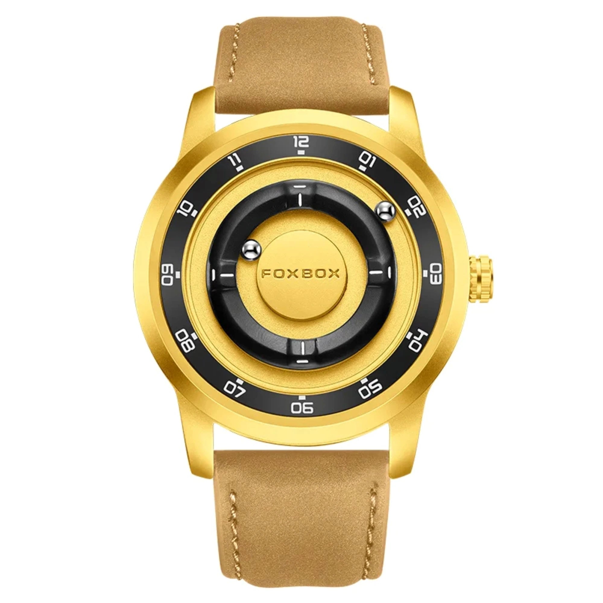 A gold-tone wristwatch with a tan leather strap, featuring a unique multi-layered dial design with black and gold segments and white numerals.