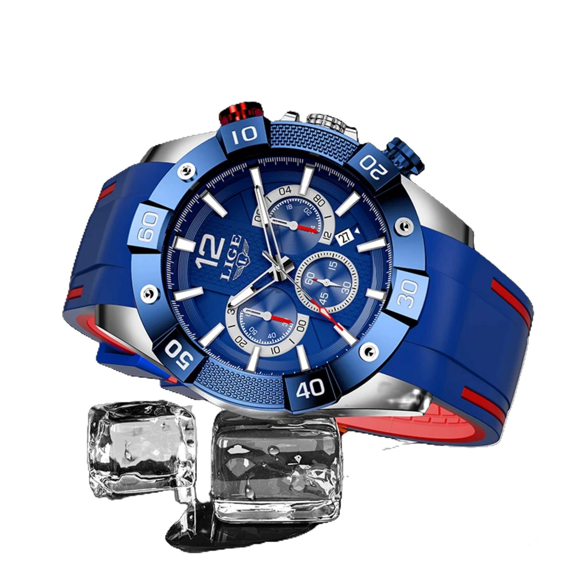 Blue and red watch with ice cubes on a white background