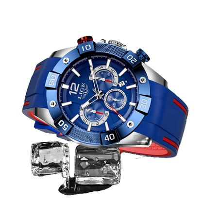 Blue and red watch with ice cubes on a white background