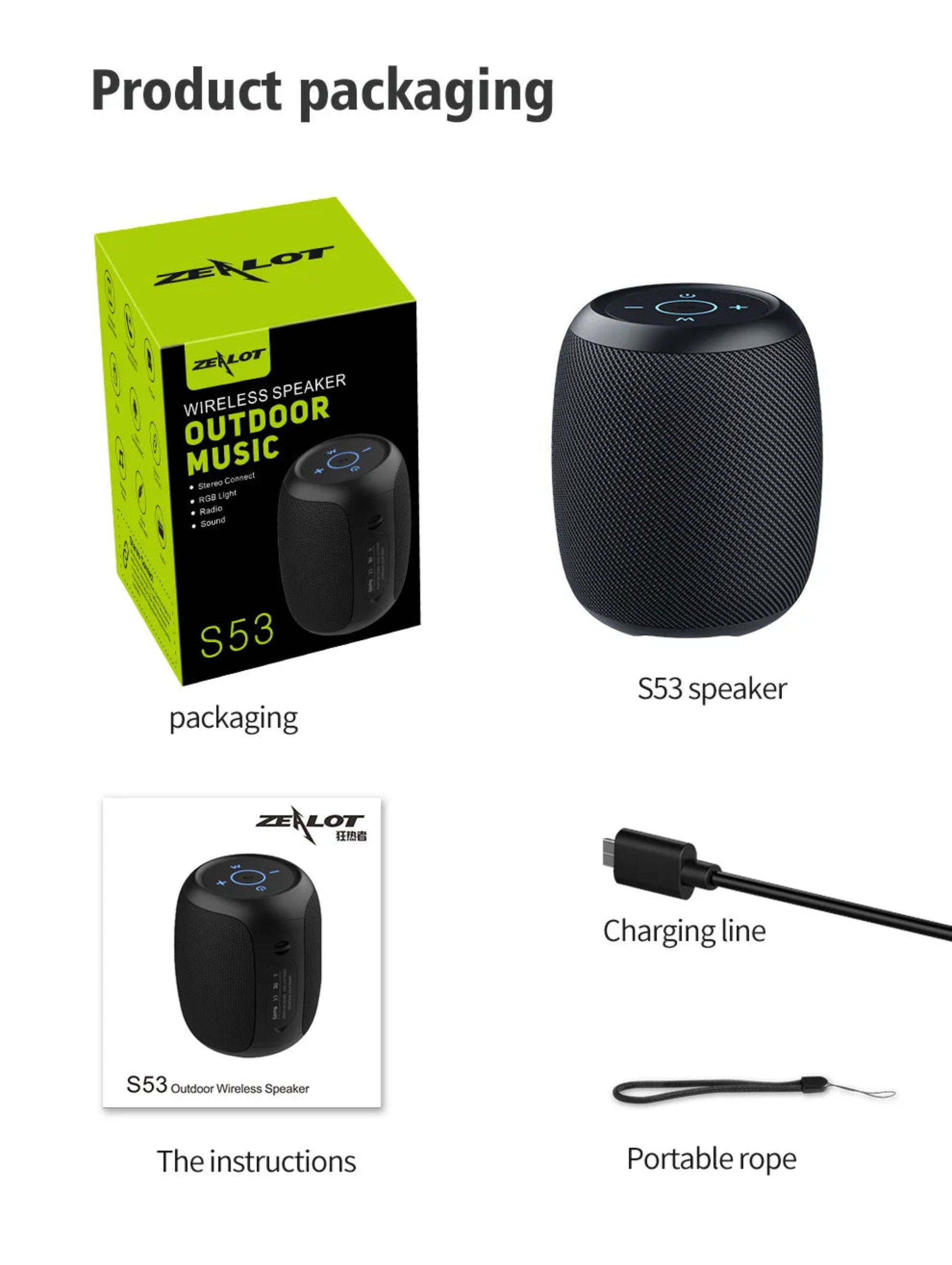 Zelot S53 outdoor wireless speaker packaging with speaker, charging line, and instructions.