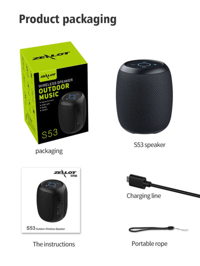 Zelot S53 outdoor wireless speaker packaging with speaker, charging line, and instructions.