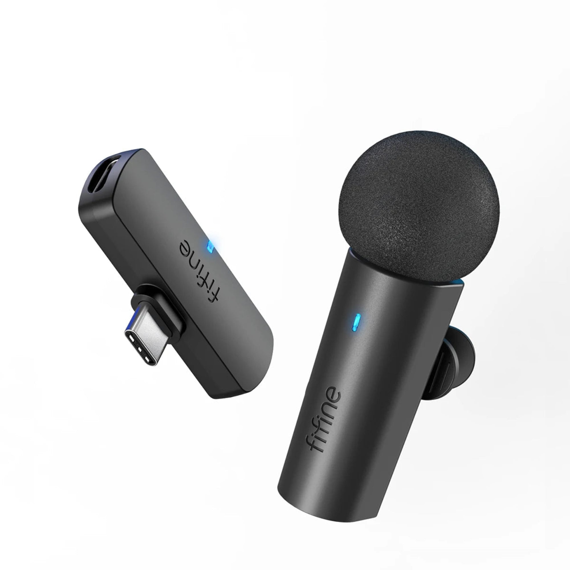 FIFINE wireless lavalier microphone with a Type-C mini MIC, shown in black with LED indicators visible.