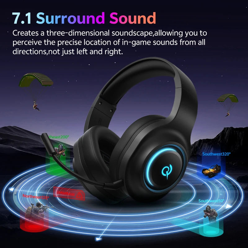 Black gaming headset with blue lights on a dark background with gaming interface elements.
