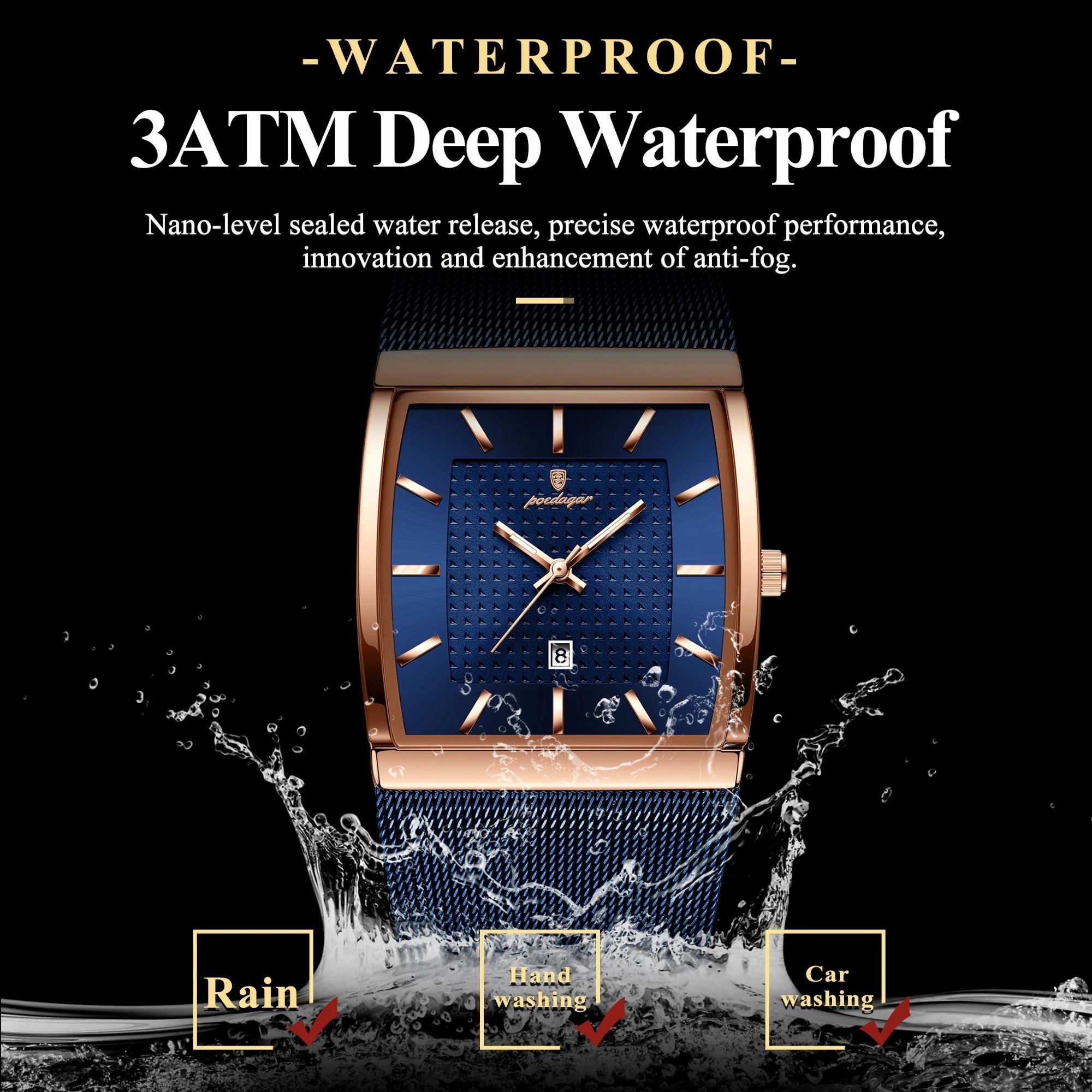 Watch with blue face and rose gold case, featuring waterproof text and water splash graphics on a black background.