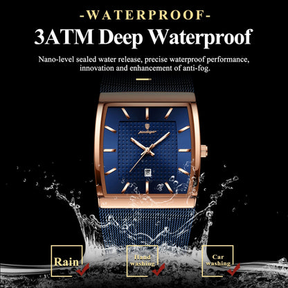Watch with blue face and rose gold case, featuring waterproof text and water splash graphics on a black background.
