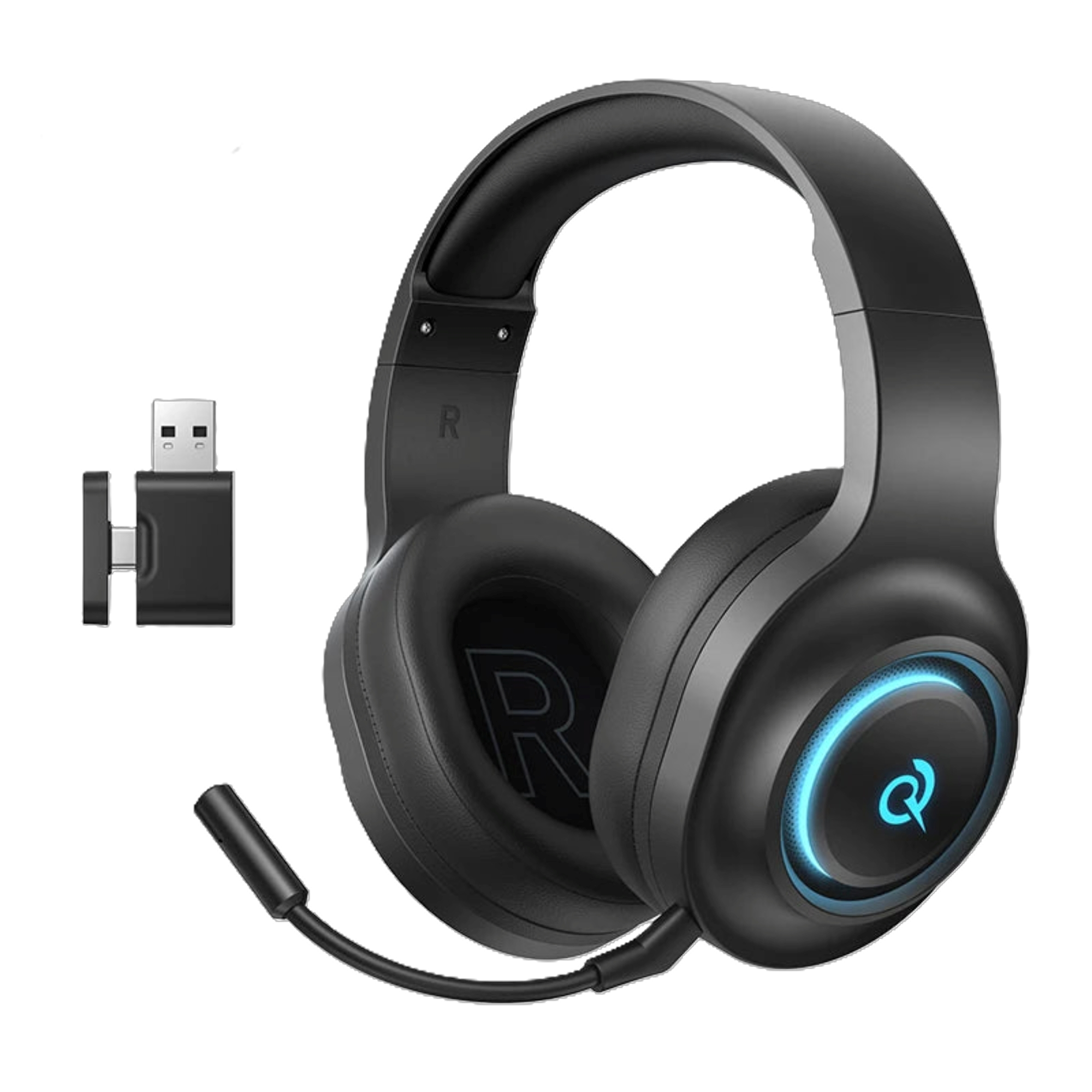 Black gaming headset with USB adapter on a white background