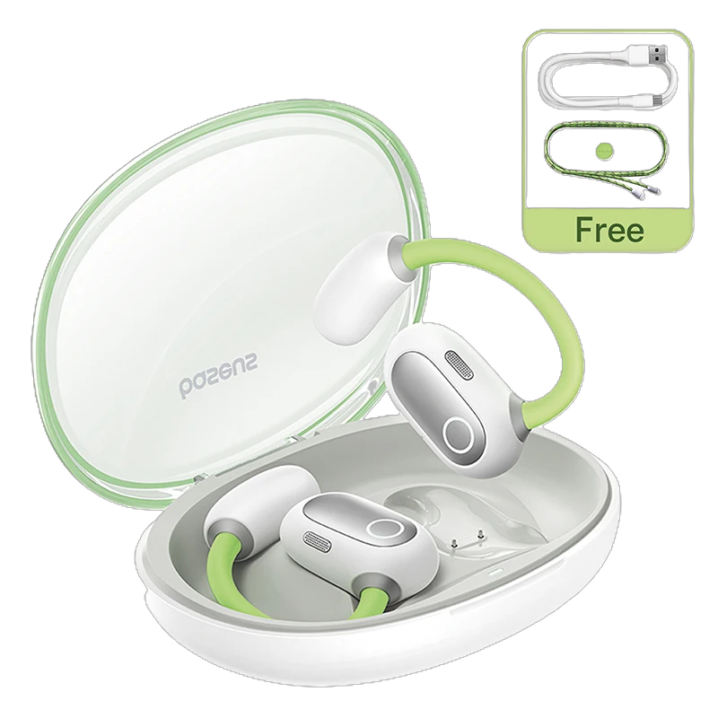 Wireless earbuds with charging case and USB cable on a white background