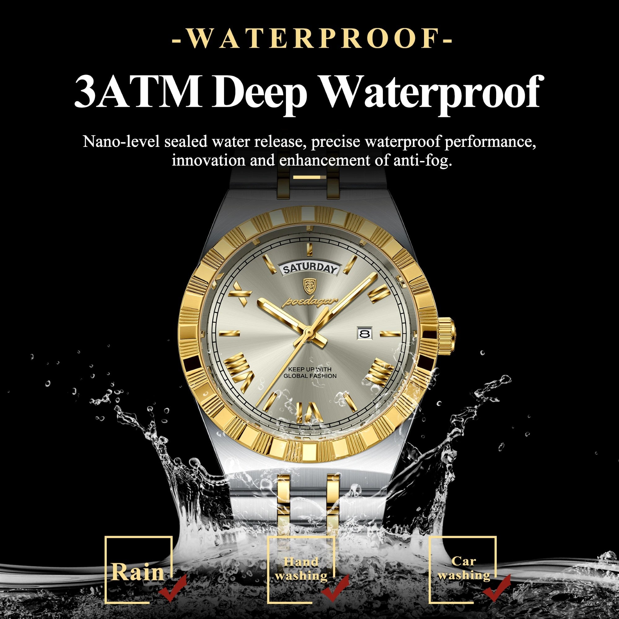 Gold and silver watch with water splashes on a black background, emphasizing waterproof feature.