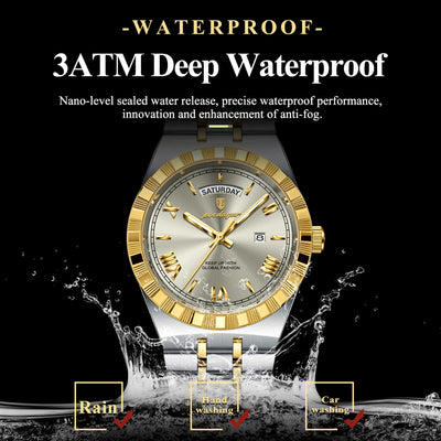 Gold and silver watch with water splashes on a black background, emphasizing waterproof feature.
