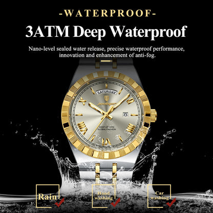 Gold and silver watch with water splashes on a black background, emphasizing waterproof feature.