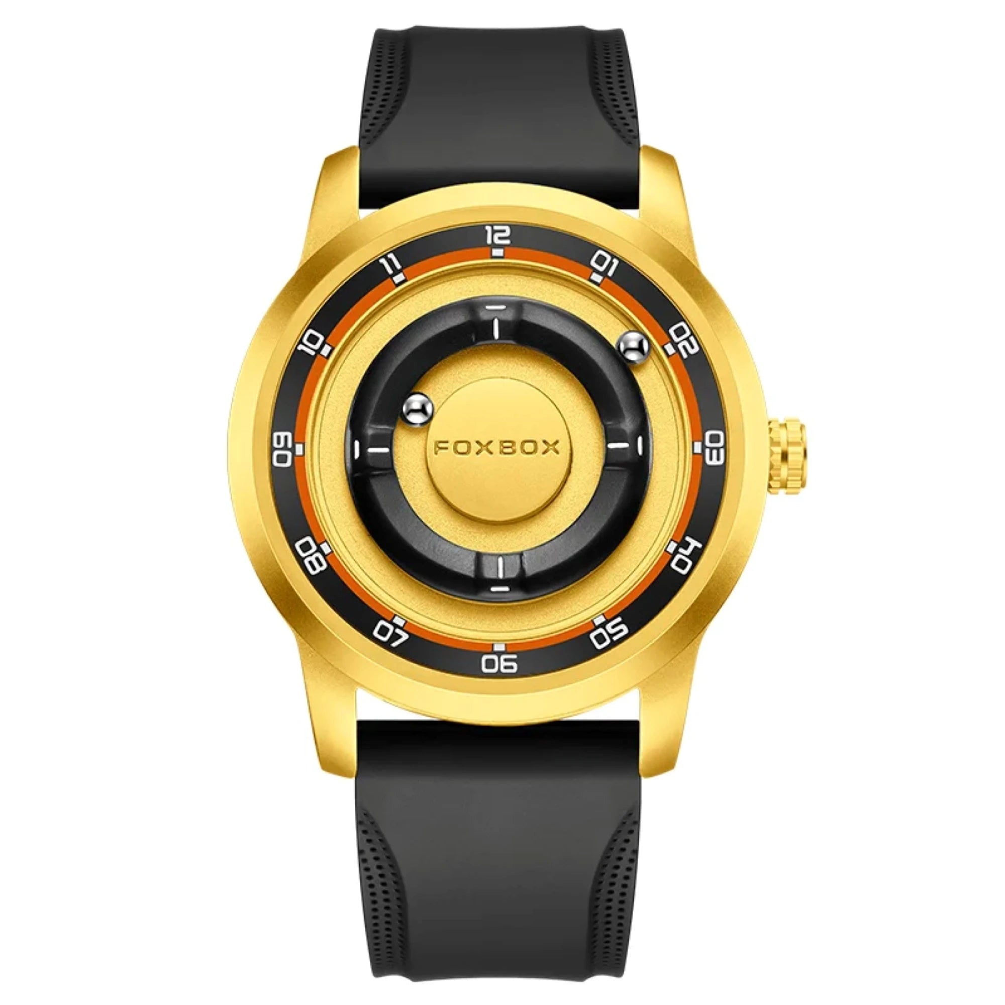 A gold-tone wristwatch with a black strap and a black dial featuring orange accents and white numerals. The brand name 'FOXBOX' is clearly visible on the center of the dial.