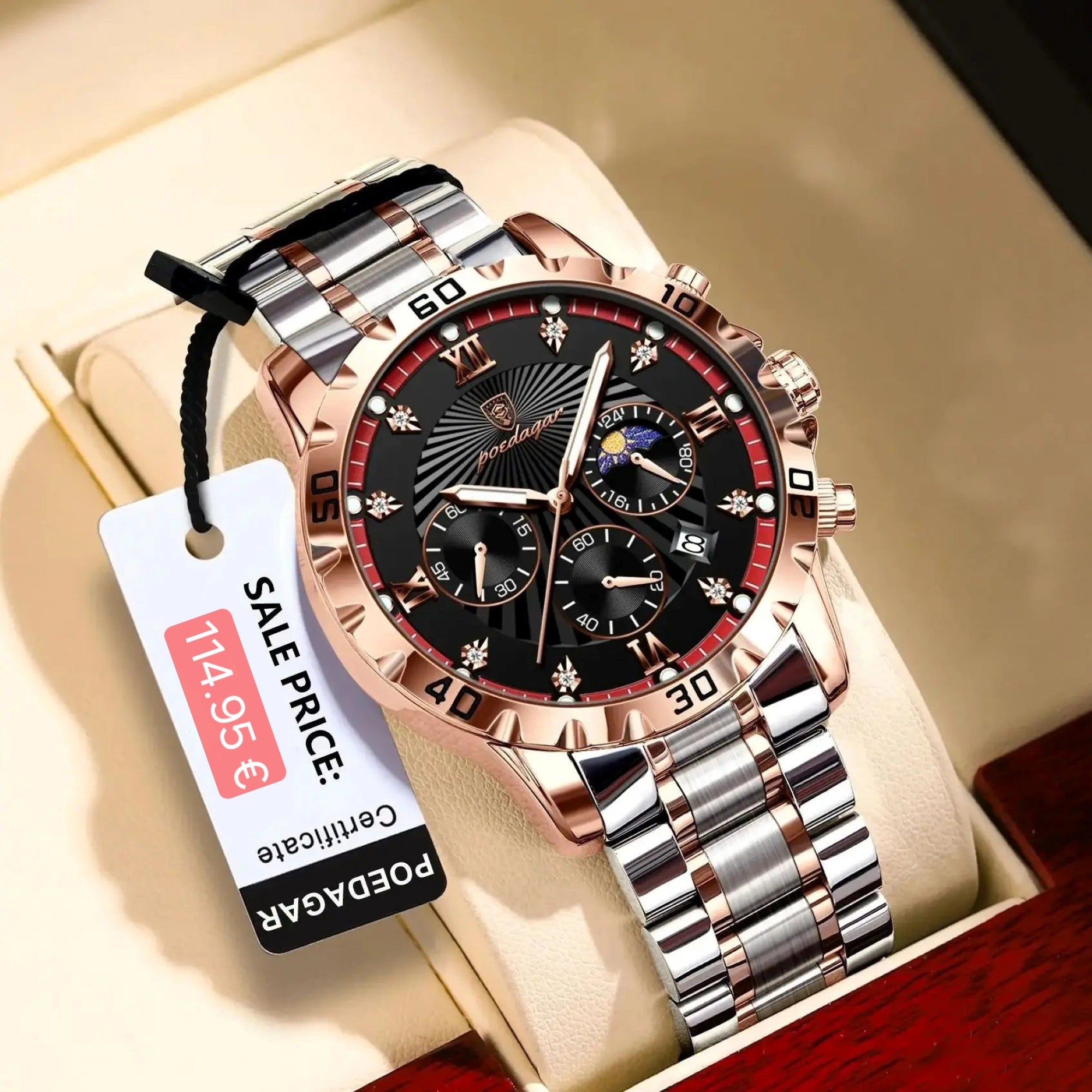 Luxury watch with a rose gold and silver band on a beige surface, featuring a visible sale tag.