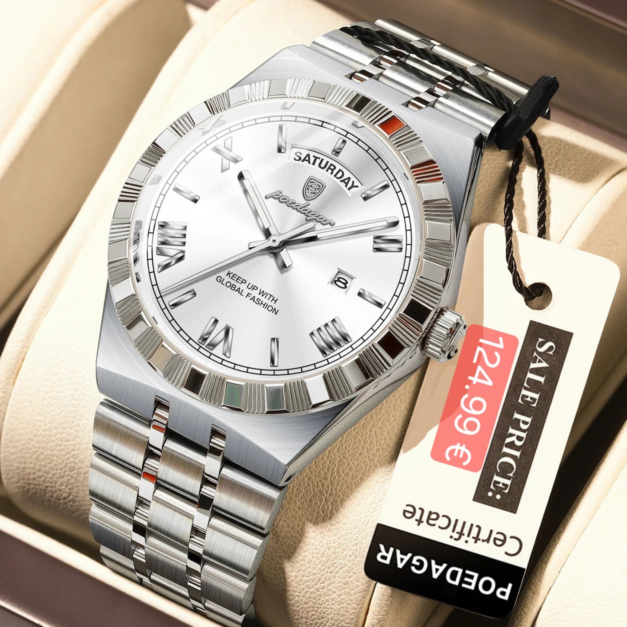 Silver watch with white face and 'PODEGAR' branding on a beige cushion, with a price tag.