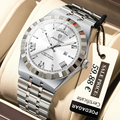 A silver stainless steel wristwatch with a white dial and matching metal link bracelet, presented in a beige watch box with a paper tag showing a sale price and the brand name PODGAGAR.