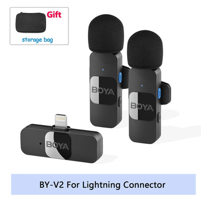 BOYA BY-V2 wireless microphone system with lightning connector on a white background