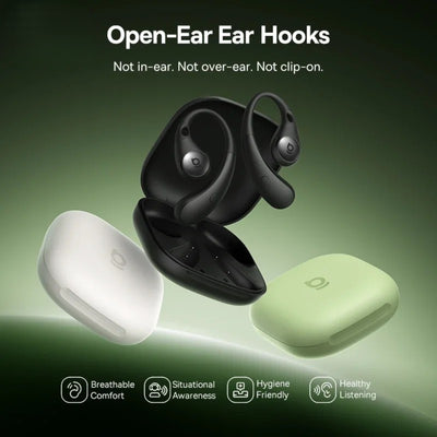 Open-ear ear hooks with charging case on a green gradient background