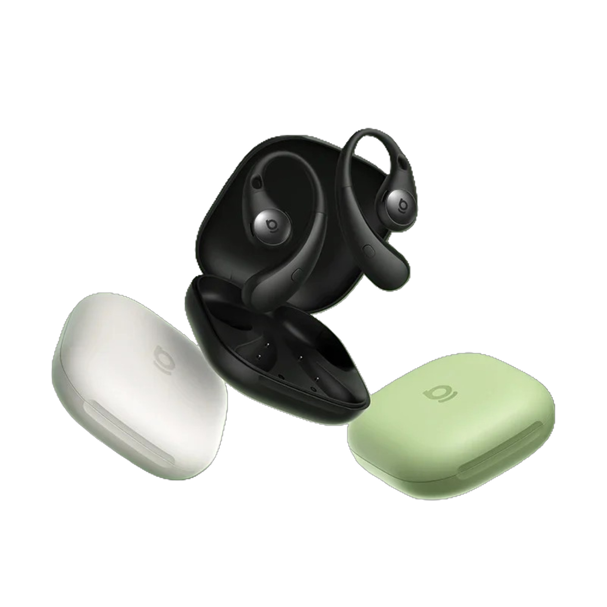 Black wireless earbuds with charging case on a white background