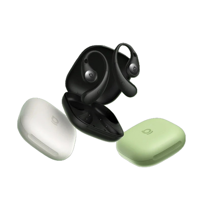 Black wireless earbuds with charging case on a white background