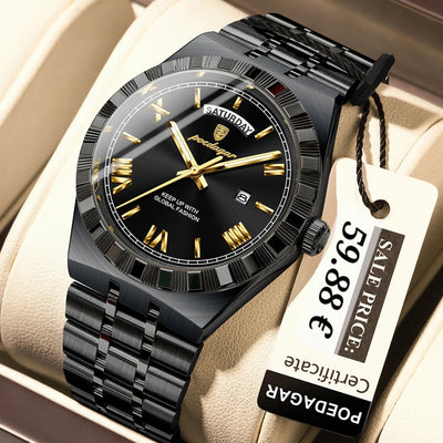 A black metal bracelet watch with a black dial and gold-tone hands, markers, and day/date indicators, displayed in a beige presentation box with a paper tag that reads POEDAGAR and SALE PRICE: 59.88 €.