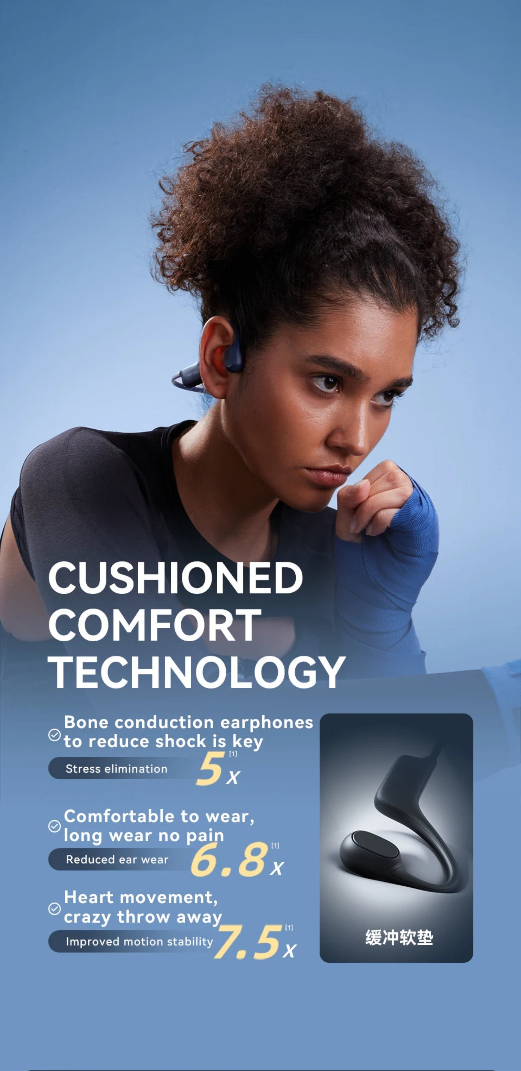 Woman using earbuds with product features highlighted on a blue background