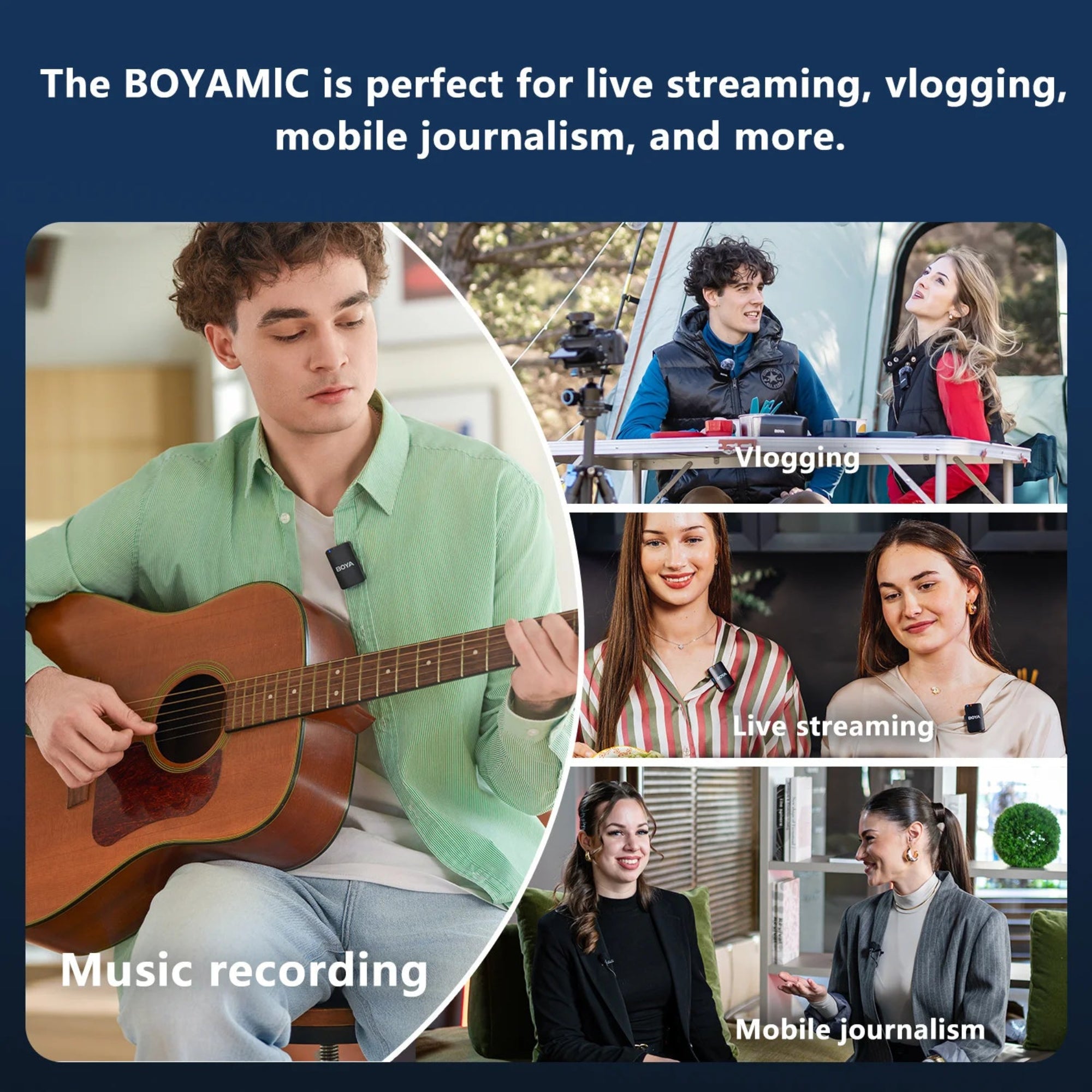 Collage of people using the BOYAMIC device for live streaming, vlogging, music recording, and mobile journalism.