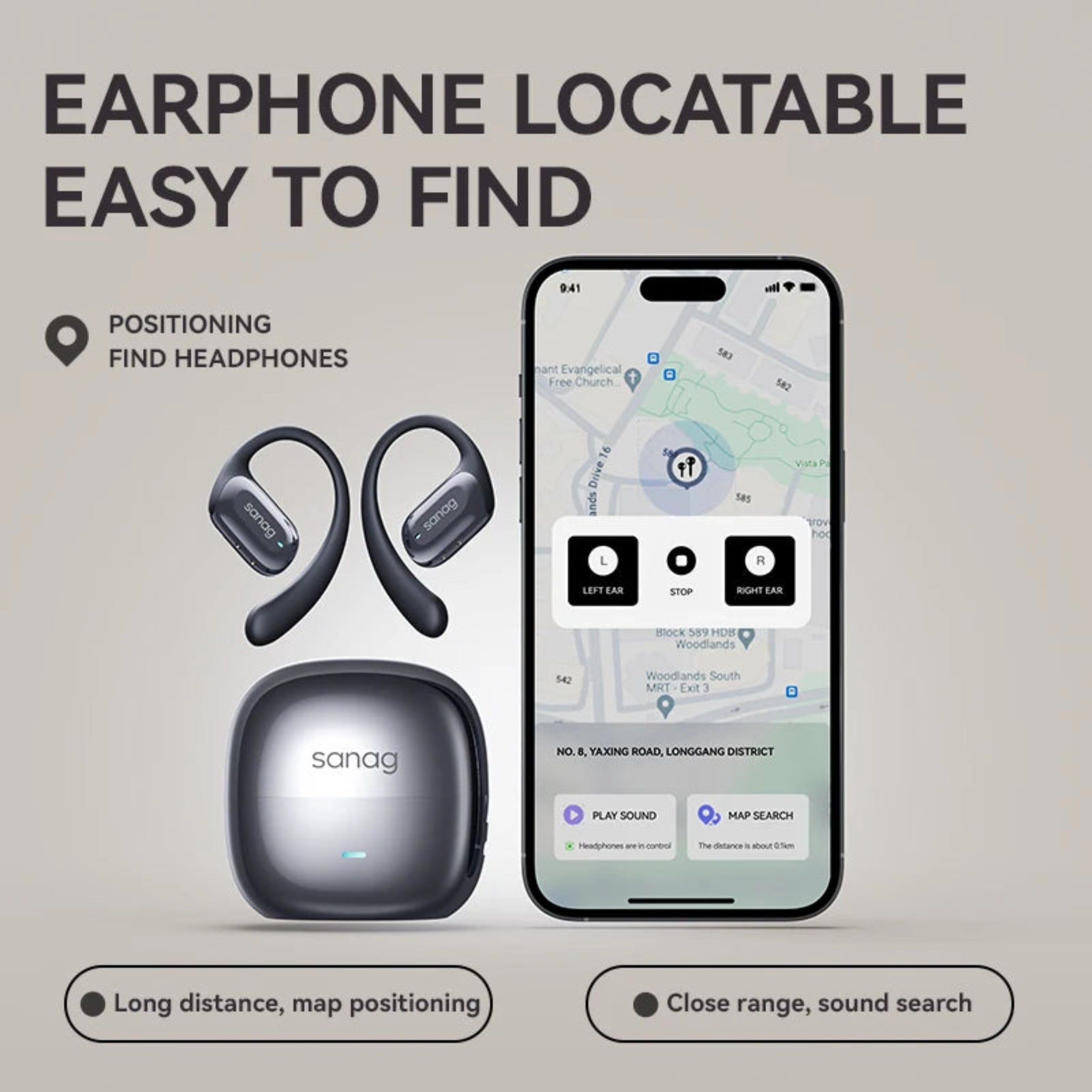 Sanag earphone locatable system with smartphone app on a gray background
