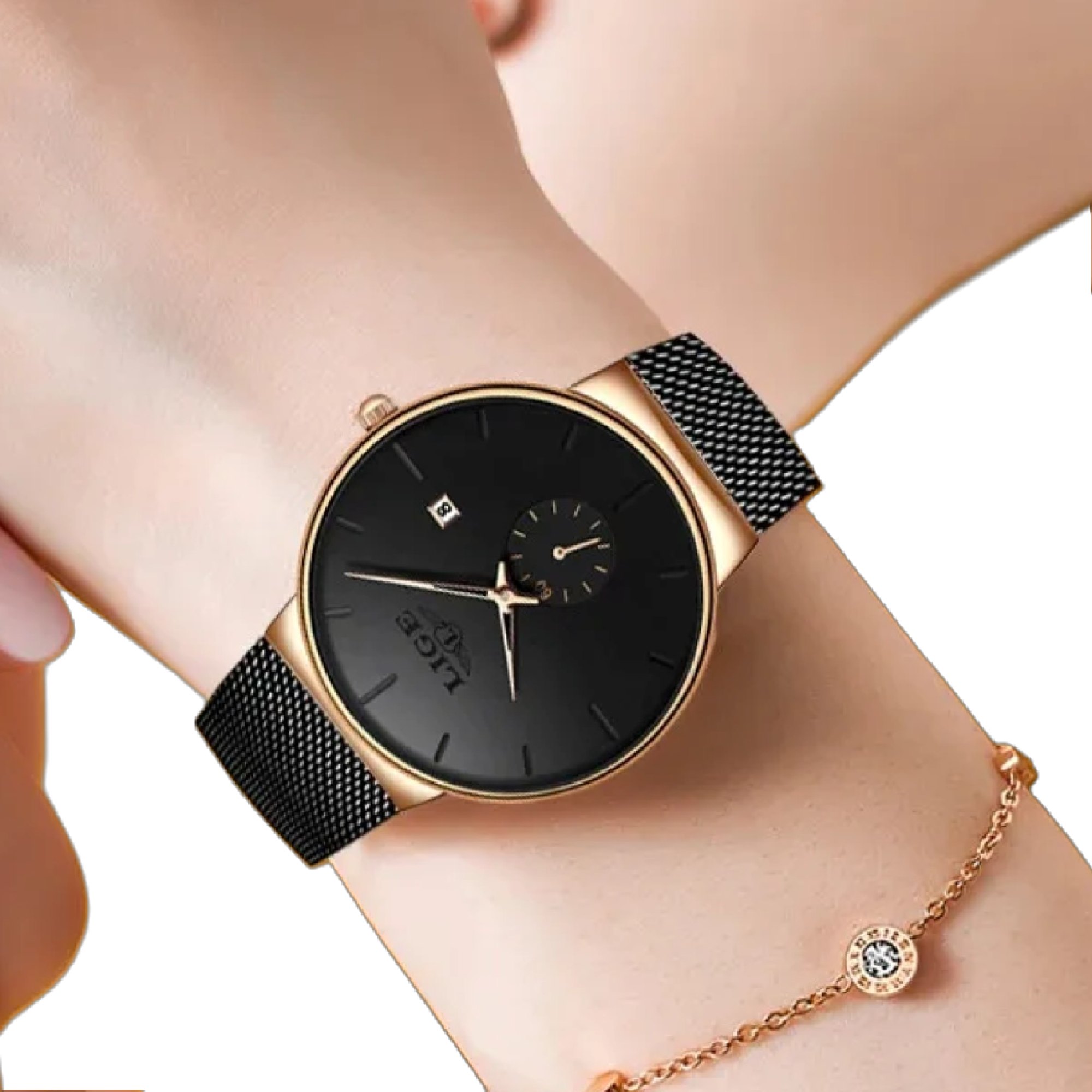Black and gold watch on a wrist with a blurred background