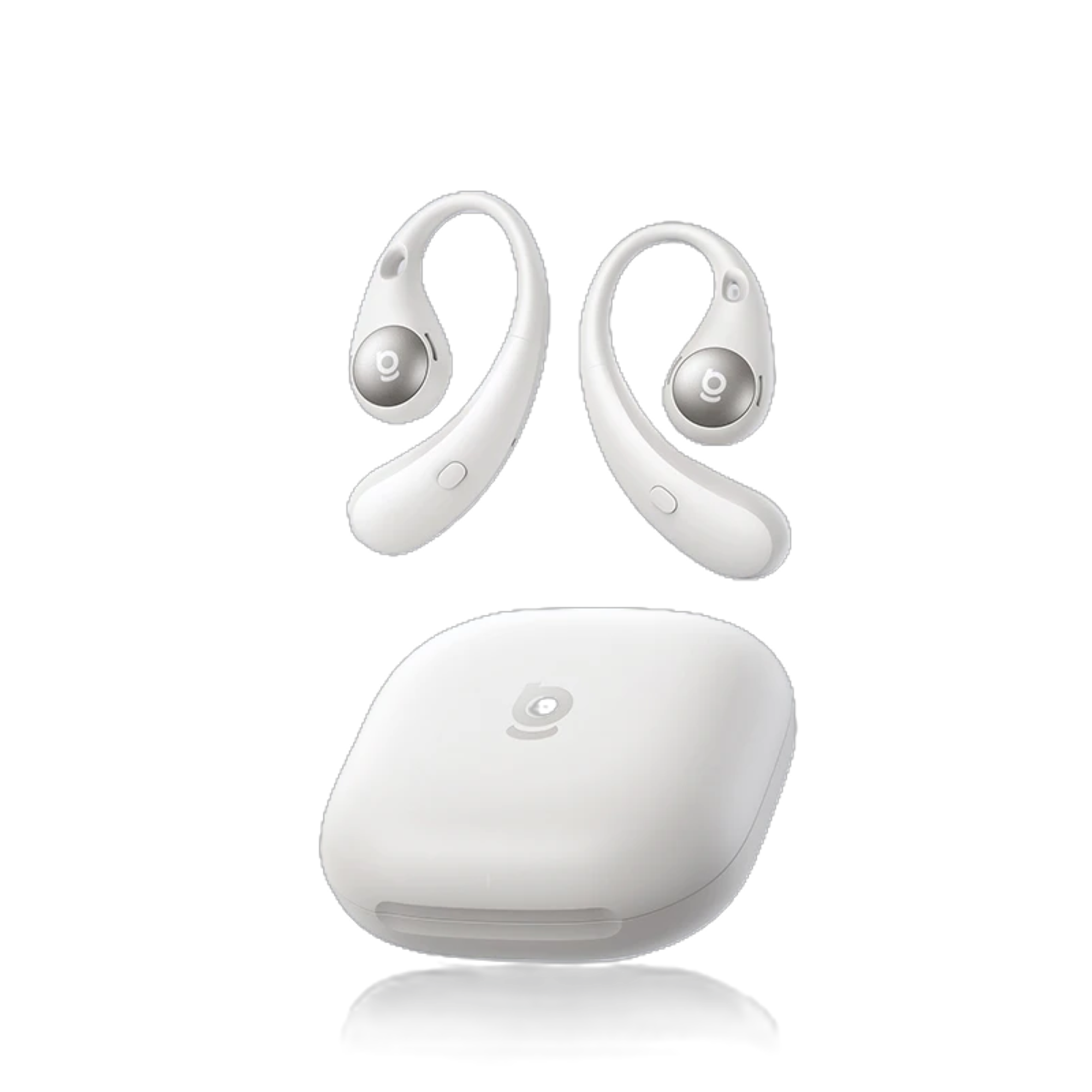 White wireless earbuds with charging case on a white background
