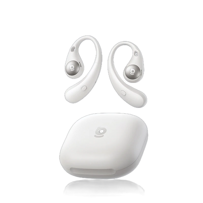White wireless earbuds with charging case on a white background