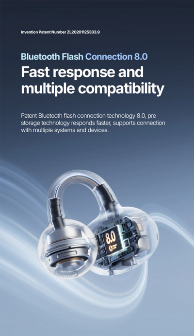 Bluetooth headset with '8.0' branding on a blue background, featuring text about Bluetooth Flash Connection 8.0.