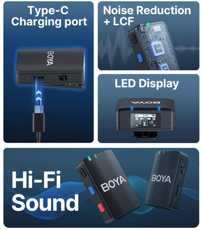 BOYA audio device with charging port, noise reduction, LED display, and hi-fi sound features on a blue background.