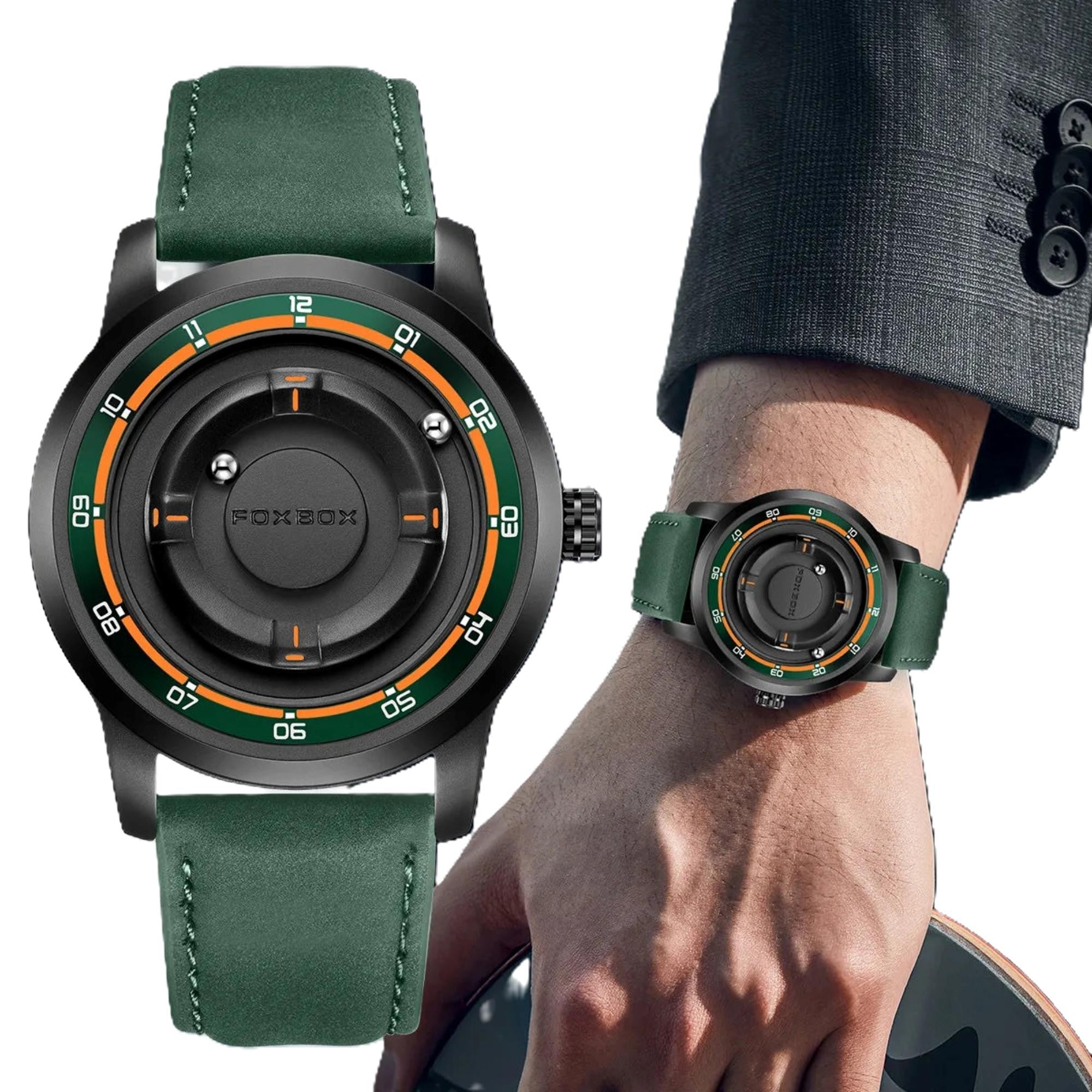 Green watch with black and orange details on a white background