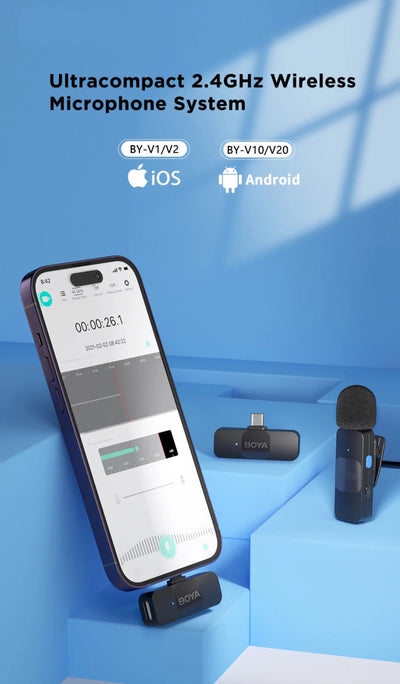 BOYA ultracompact 2.4GHz wireless microphone system with smartphone app on blue background