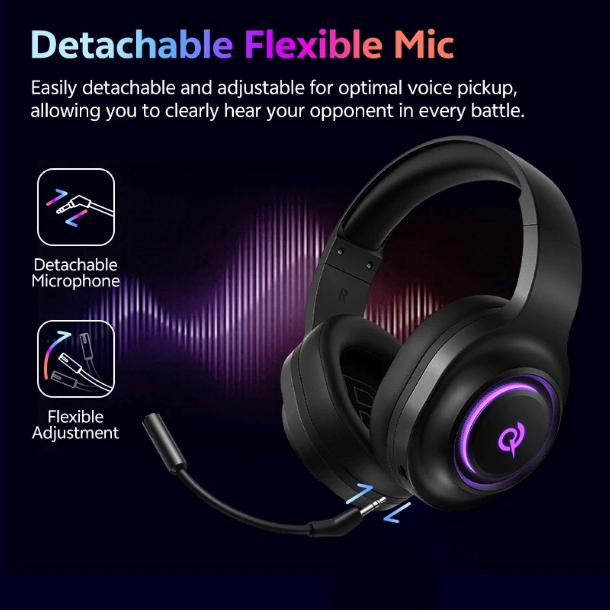Gaming headset with detachable flexible mic on a dark background