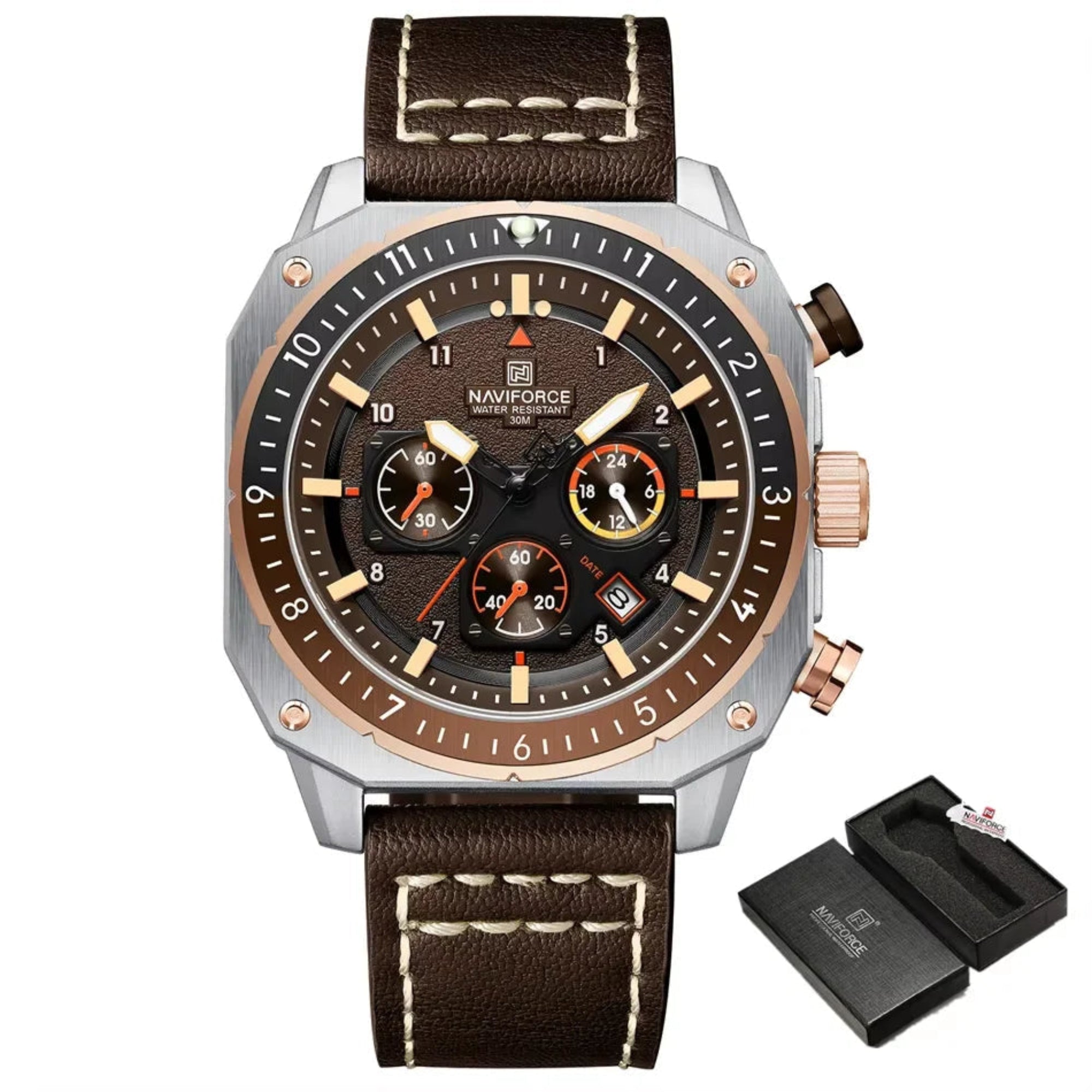 A multicolored sports multifunction waterproof watch for men with a leather band and a dial featuring luminous hands and a date display.