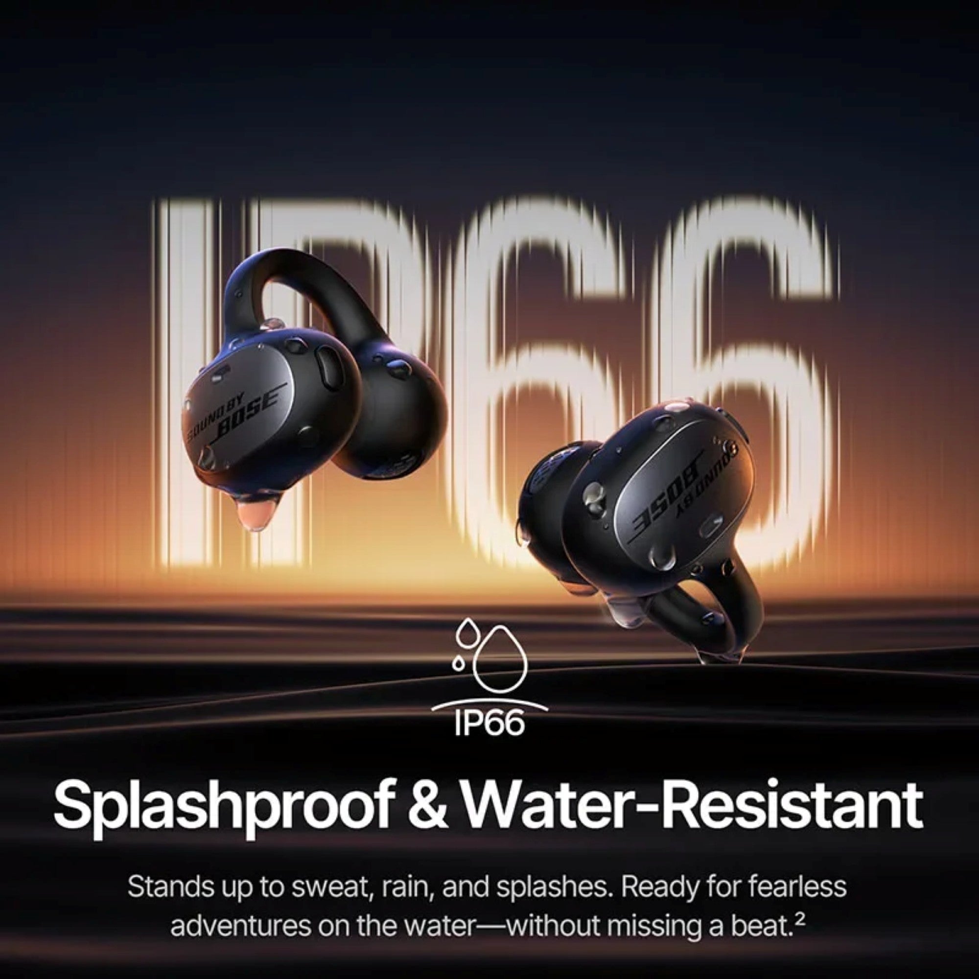 Bose wireless earbuds with IP66 splashproof and water-resistant feature on a dark background.