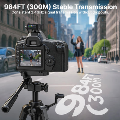 Camera on a tripod with a cityscape background and text about stable transmission distance.