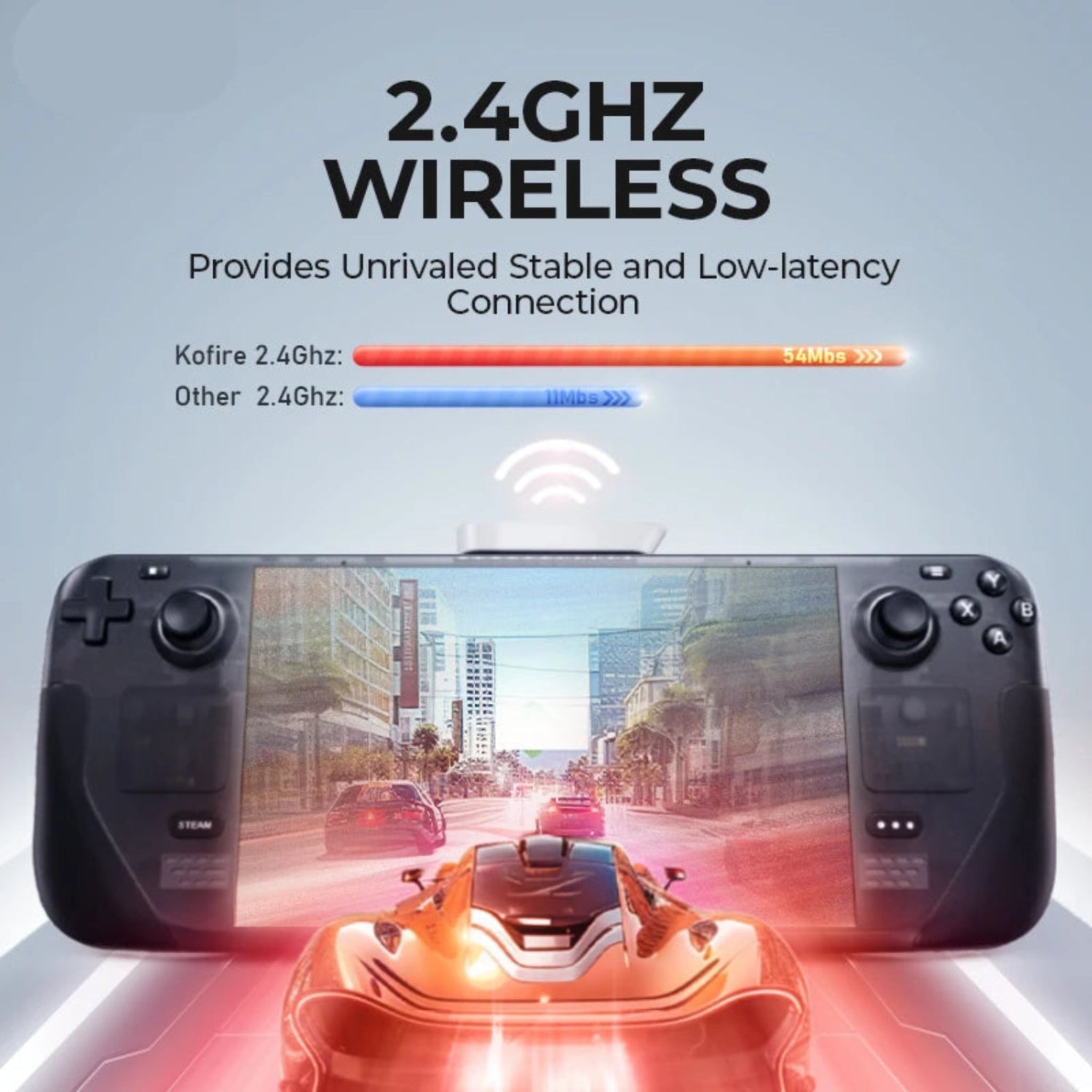 Gaming controller with screen displaying a racing game, featuring 2.4GHz wireless connection text.