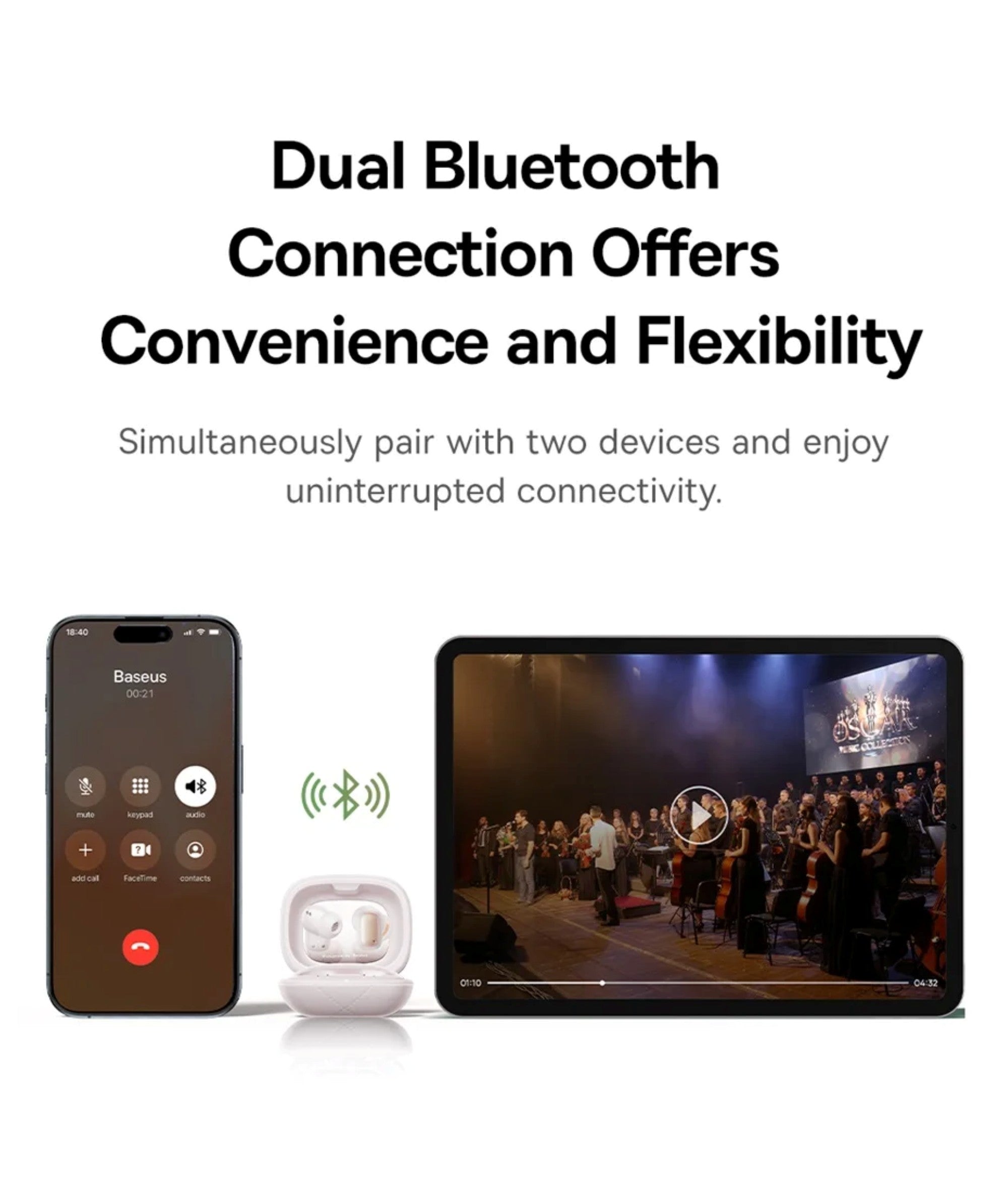 Smartphone, speaker, and tablet with text about dual Bluetooth connection on a white background