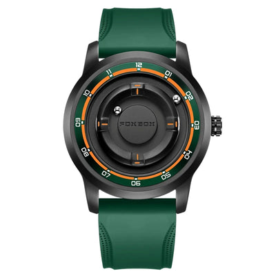 A Foxbox chronograph-style watch with a matte black case, a dark green silicone strap, and a black dial featuring orange accents and white numerals, shown against a plain white background.